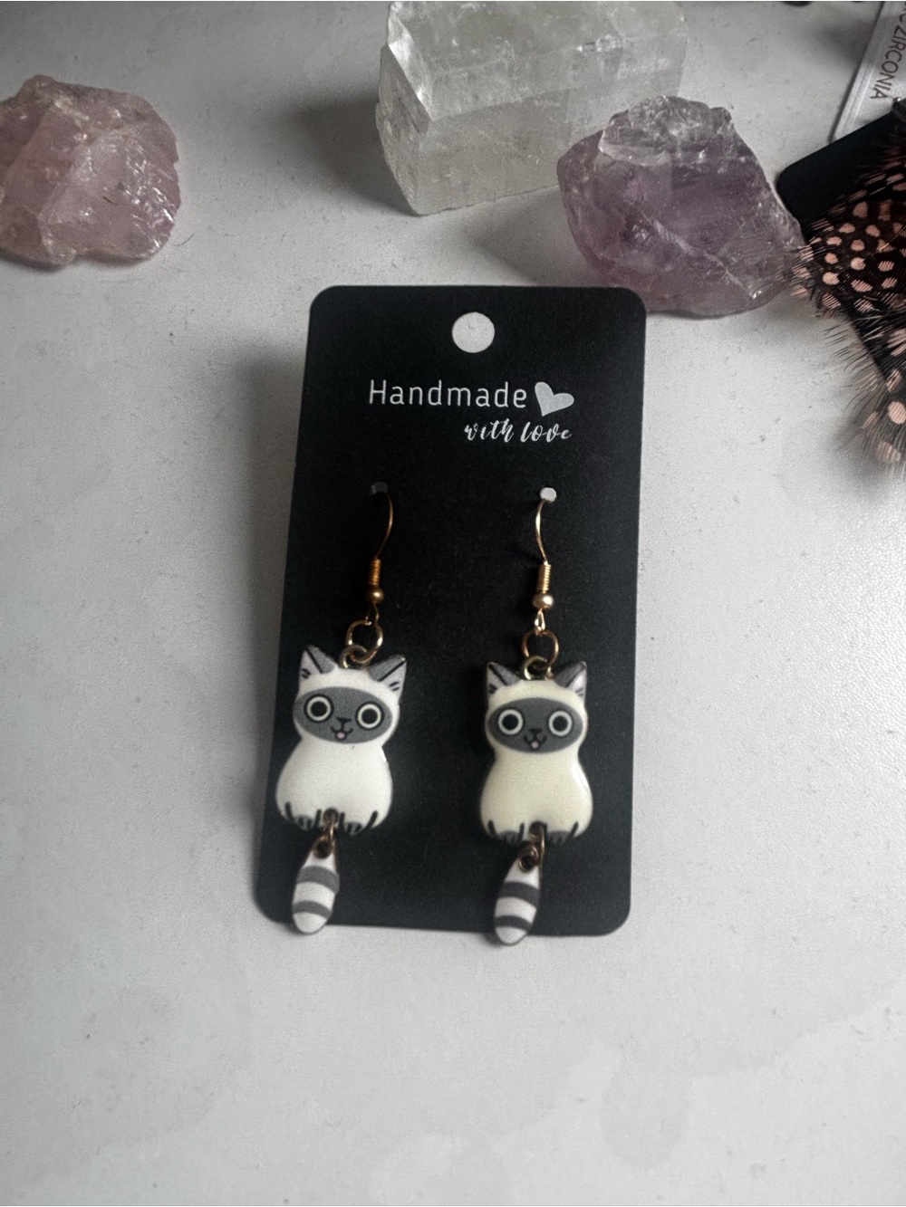 Handmade Cat Dangle Earrings - White and Gray